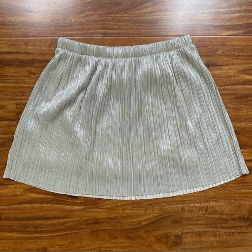 Kirra Metallic Silver Nude Crinkle Elastic Waist Skater Mini Skirt Size XS Boho